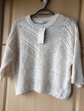Reserved Cream Open-Work Knit Crewneck Sweater